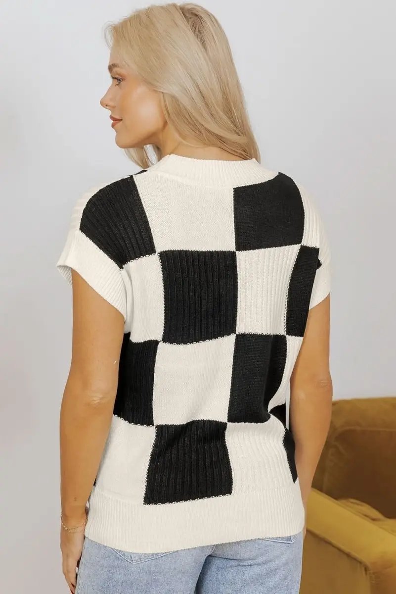 Black Checkered Color Block Crew Neck Short Sleeve Sweater - Love Salve